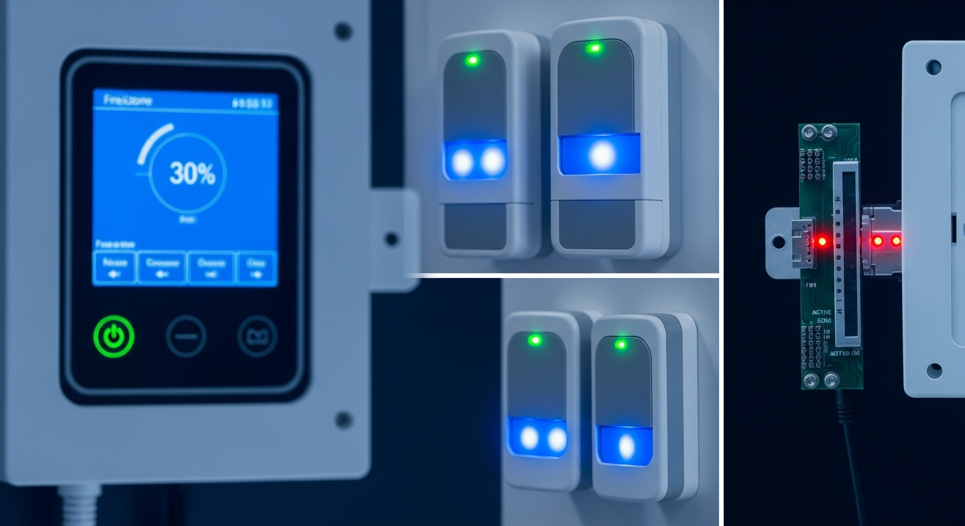 Зона склада с датчиками и панелью управления — системы пожарной безопасности